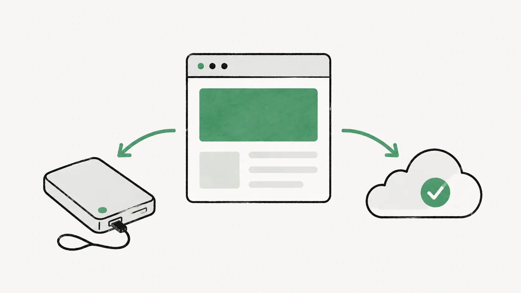 Illustration éditoriale d’une sauvegarde de site vers un disque et le cloud