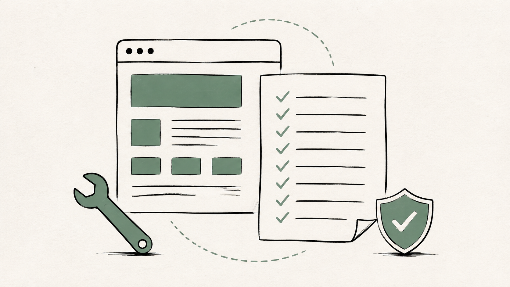 Une checklist de contrat de maintenance reliée à un site WordPress, une clé et un bouclier