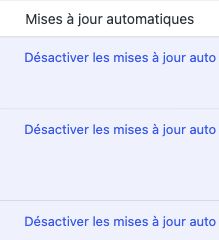 Colonne Mises à jour automatiques avec la commande Désactiver les mises à jour auto.