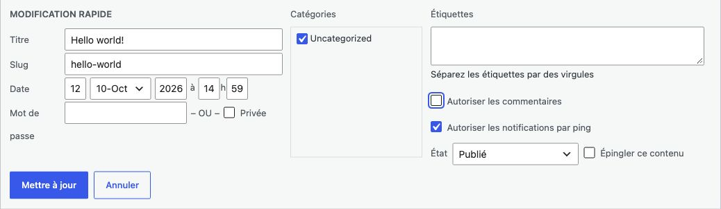 Modification rapide de Hello world! sur WordPress Playground : Autoriser les commentaires décoché, avant toute validation.