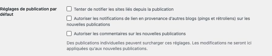 Réglages de publication par défaut : la case Autoriser les commentaires sur les nouvelles publications est décochée ; WordPress précise que la modification ne concerne que les nouvelles publications.