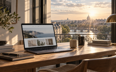 Ordinateur affichant un site internet dans un espace de travail lumineux