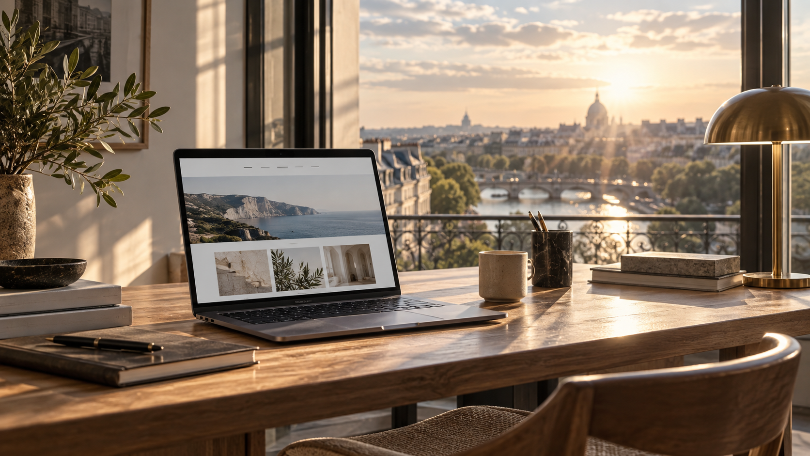 Ordinateur affichant un site internet dans un espace de travail lumineux