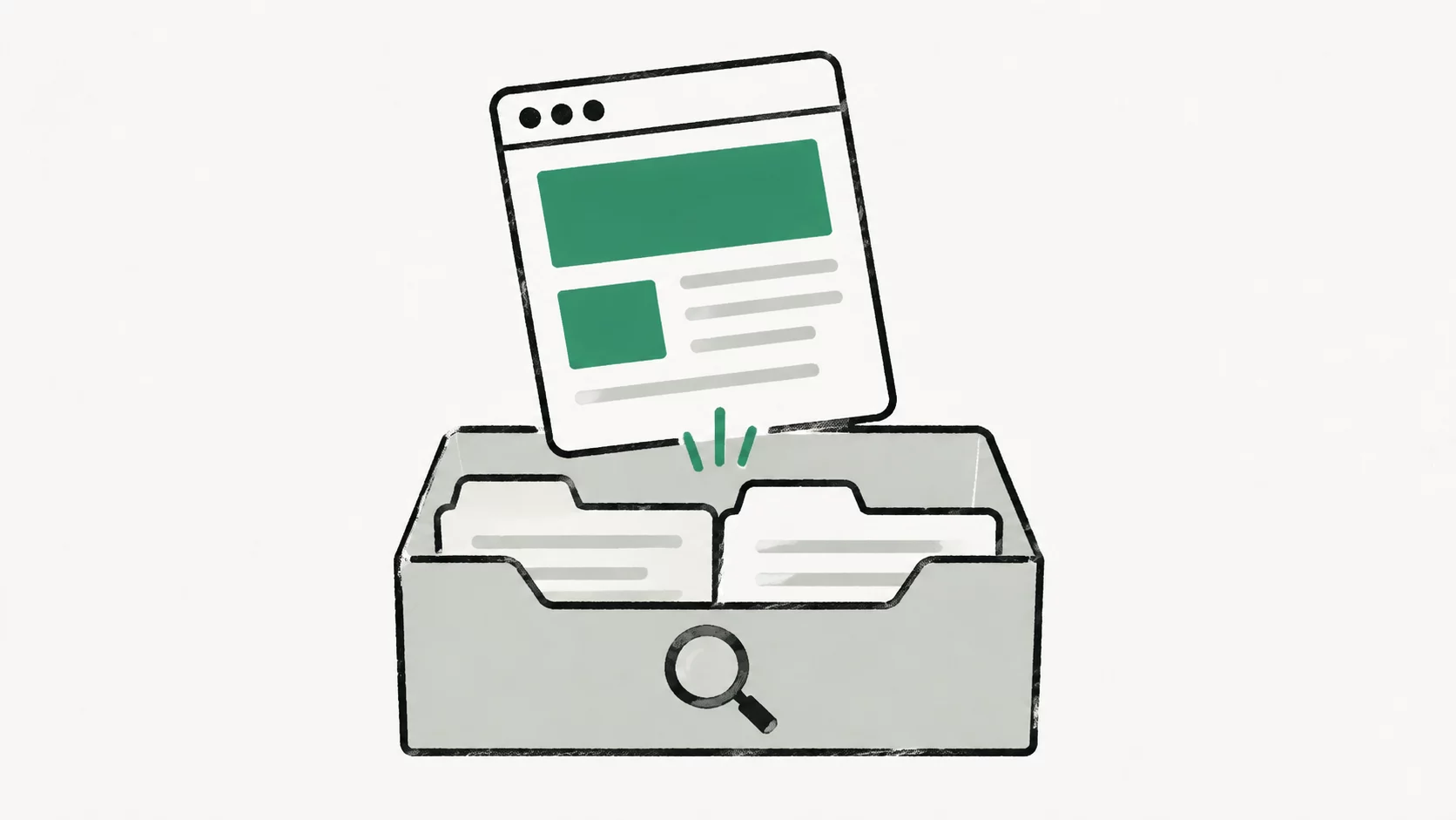 Une page web rejoint un index de recherche représenté par un classeur