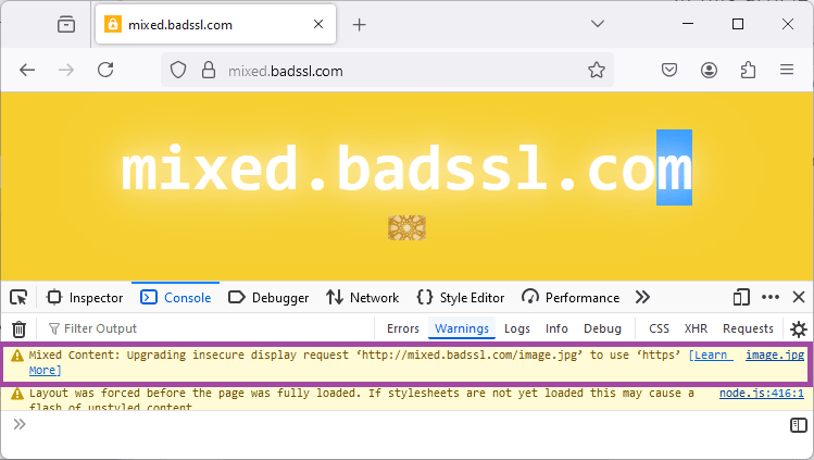 Console Firefox sur mixed.badssl.com : l’avertissement Mixed Content signale une image appelée en HTTP et automatiquement demandée en HTTPS.